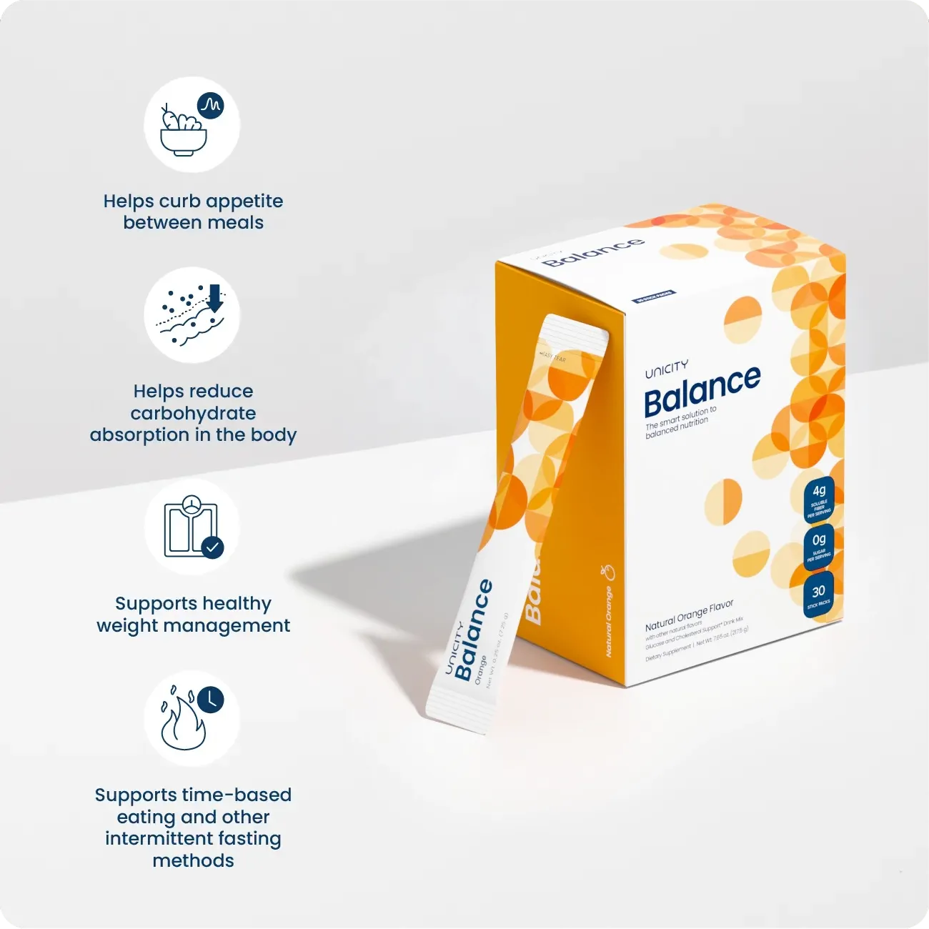 Unicity Balance Fiber Supplement | Supports Healthy Glucose Response & Fullness | Pre-Meal Soluble Fiber Drink Mix | Natural Orange | 30 Stick Packs